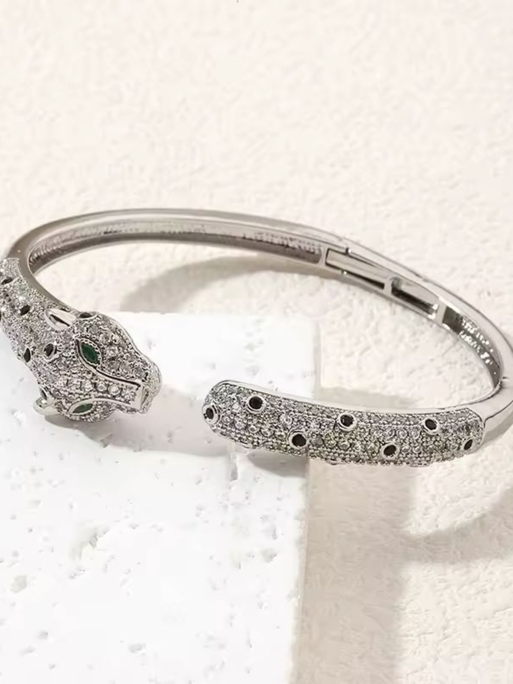 Silver Pavé Panther -Head Hinged Bracelet with Green Eyes - Picture 5 of 9